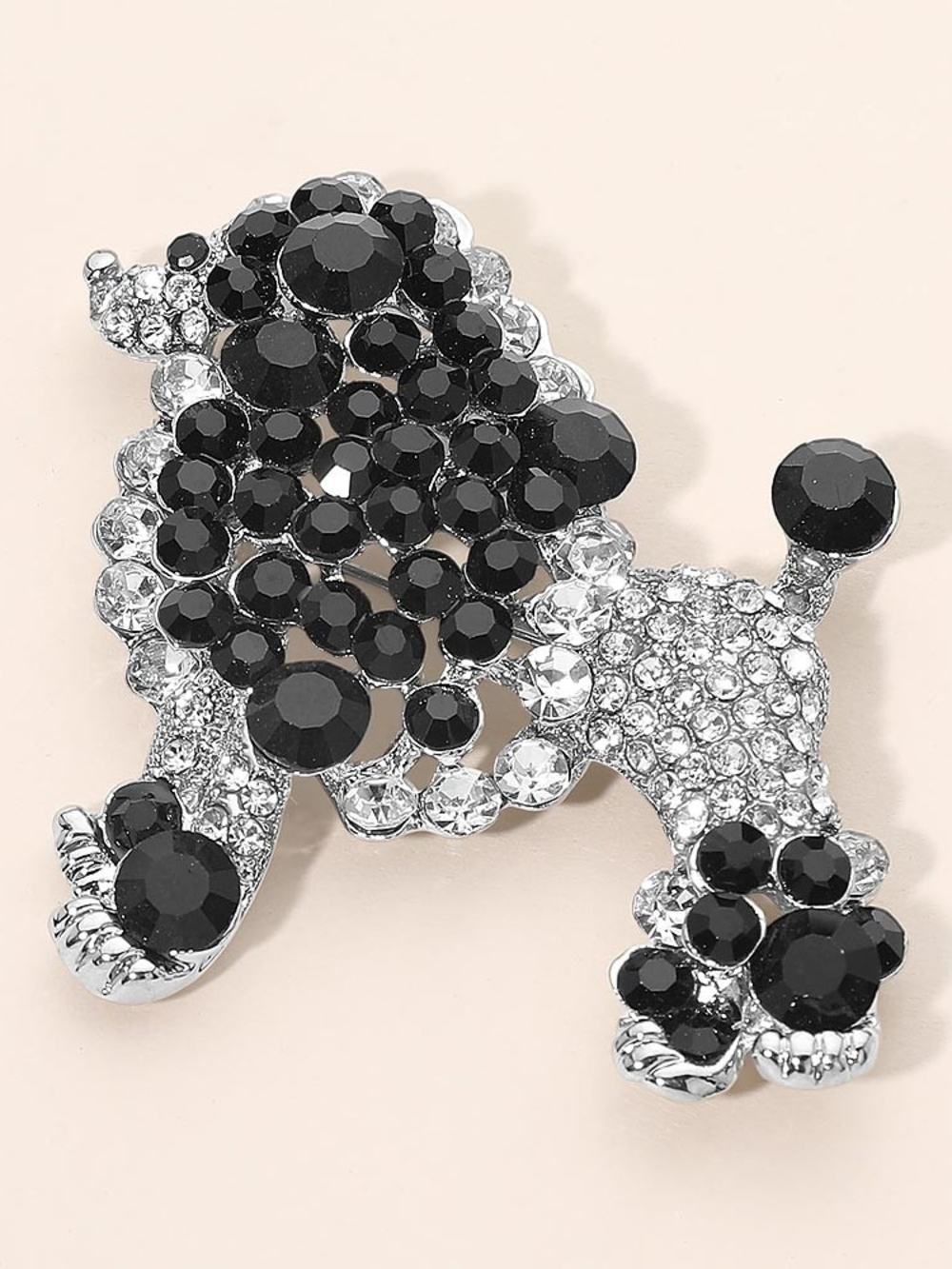 Black Silver Dog Poodle Rhinestone Crystal 2.5 Inch Brooch Pin Accessory